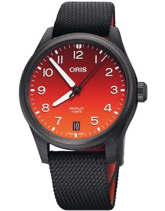 Oris Oris Propilot Coulson Limited Edition 01 400 7784 8786-Set  01 400 7784 8786-Set механические мужские часы красный циферблат, браслет тканевый — вид спереди